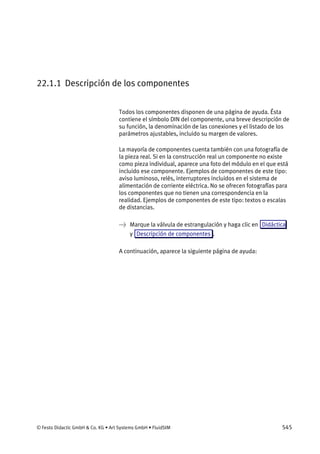 © Festo Didactic GmbH & Co. KG • Art Systems GmbH • FluidSIM 545
22.1.1 Descripción de los componentes
Todos los componentes disponen de una página de ayuda. Ésta
contiene el símbolo DIN del componente, una breve descripción de
su función, la denominación de las conexiones y el listado de los
parámetros ajustables, incluido su margen de valores.
La mayoría de componentes cuenta también con una fotografía de
la pieza real. Si en la construcción real un componente no existe
como pieza individual, aparece una foto del módulo en el que está
incluido ese componente. Ejemplos de componentes de este tipo:
aviso luminoso, relés, interruptores incluidos en el sistema de
alimentación de corriente eléctrica. No se ofrecen fotografías para
los componentes que no tienen una correspondencia en la
realidad. Ejemplos de componentes de este tipo: textos o escalas
de distancias.
→ Marque la válvula de estrangulación y haga clic en Didáctica
y Descripción de componentes .
A continuación, aparece la siguiente página de ayuda:
 