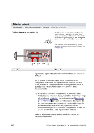 552 © Festo Didactic GmbH & Co. KG • Art Systems GmbH • FluidSIM
Figura 22/6: representación del funcionamiento de una válvula de
4/2 vías
Por lo general se entiende mejor el funcionamiento de un
componente si se ofrece una representación animada. Por esta
razón, numerosos componentes tiene un dibujo en sección en el
que se puede activar una representación animada de su
funcionamiento.
→ Marque una válvula de escape rápido (o, en el caso de la
hidráulica, una válvula de 3 vías, reguladora de presión) y haga
clic en el menú Didáctica y, a continuación, en Descripción
de componentes para abrir la ventana con la descripción de
los componentes correspondientes. A continuación, haga clic
en la referencia que se refiere a la representación del
funcionamiento [87] de la válvula de escape rápido (o bien, en
[84] de la válvula de 3 vías, reguladora de presión).
En estas representaciones puede activarse una función de
visualización animada.
 