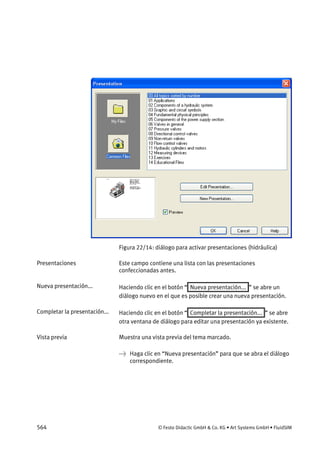 564 © Festo Didactic GmbH & Co. KG • Art Systems GmbH • FluidSIM
Figura 22/14: diálogo para activar presentaciones (hidráulica)
Este campo contiene una lista con las presentaciones
confeccionadas antes.
Haciendo clic en el botón “ Nueva presentación... ” se abre un
diálogo nuevo en el que es posible crear una nueva presentación.
Haciendo clic en el botón “ Completar la presentación... ” se abre
otra ventana de diálogo para editar una presentación ya existente.
Muestra una vista previa del tema marcado.
→ Haga clic en “Nueva presentación” para que se abra el diálogo
correspondiente.
Presentaciones
Nueva presentación...
Completar la presentación...
Vista previa
 