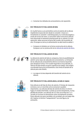 582 © Festo Didactic GmbH & Co. KG • Art Systems GmbH • FluidSIM
→ Comentar los métodos de accionamiento y de reposición.
[41] Válvula de 3/2 vías: asiento de bola
Un muelle fuerza a una semiesfera contra el asiento de la válvula
impidiendo el paso del aire desde la conexión 1 hacia la 2.
Inicialmente la conexión 1 está bloqueada y la 2 está descargada a
través de la leva de mano. La actuación sobre la leva de la válvula
hace descender el elemento estanquizante de su asiento. En esta
operación, debe vencerse la fuerza del muelle y de la presión de
aire. El escape se cierra y la alimentación se abre hacia la salida 2.
→ Comparar el símbolo con la forma constructiva de la válvula.
Comparar con la construcción de la válvula de asiento de disco.
[42] Válvula de 3/2 vías, asiento de bola
La válvula de asiento de bola es compacta y tiene la posibilidad de
admitir varios tipos de cabezales de accionamiento. La limitación
de las válvulas de accionamiento directo es la fuerza requerida
para desplazar la leva. Si el caudal requerido es muy elevado, la
válvula de bola tendrá una gran superficie de trabajo. Esto exigirá
una elevada fuerza de accionamiento. Esto limita el tamaño de la
válvula para este diseño.
→ La carga en la leva depende del tamaño del asiento de la
válvula.
[43] Válvula de 3/2 vías, asiento plano, cerrada en reposo
Esta válvula es del tipo de disco de asiento. El tiempo de respuesta
es breve y con un recorrido corto se alcanzan caudales
importantes. Las válvulas del tipo de asiento de disco no tienen
fugas en estado intermedio. Cuando se acciona lentamente, no hay
pérdida de presión. Las válvulas de 3/2 vías con el flujo de 1 a 2
cerrado sin accionar se denominan como normalmente cerradas.
Estas válvulas son poco sensibles a la suciedad y de una larga vida
útil. Explicar el término “solapamiento” con esta figura y la
animación.
 