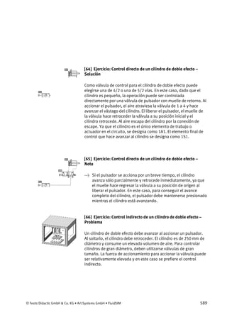 © Festo Didactic GmbH & Co. KG • Art Systems GmbH • FluidSIM 589
[64] Ejercicio: Control directo de un cilindro de doble efecto –
Solución
Como válvula de control para el cilindro de doble efecto puede
elegirse una de 4/2 o una de 5/2 vías. En este caso, dado que el
cilindro es pequeño, la operación puede ser controlada
directamente por una válvula de pulsador con muelle de retorno. Al
accionar el pulsador, el aire atraviesa la válvula de 1 a 4 y hace
avanzar el vástago del cilindro. El liberar el pulsador, el muelle de
la válvula hace retroceder la válvula a su posición inicial y el
cilindro retrocede. Al aire escapa del cilindro por la conexión de
escape. Ya que el cilindro es el único elemento de trabajo o
actuador en el circuito, se designa como 1A1. El elemento final de
control que hace avanzar al cilindro se designa como 1S1.
[65] Ejercicio: Control directo de un cilindro de doble efecto –
Nota
→ Si el pulsador se acciona por un breve tiempo, el cilindro
avanza sólo parcialmente y retrocede inmediatamente, ya que
el muelle hace regresar la válvula a su posición de origen al
liberar el pulsador. En este caso, para conseguir el avance
completo del cilindro, el pulsador debe mantenerse presionado
mientras el cilindro está avanzando.
[66] Ejercicio: Control indirecto de un cilindro de doble efecto –
Problema
Un cilindro de doble efecto debe avanzar al accionar un pulsador.
Al soltarlo, el cilindro debe retroceder. El cilindro es de 250 mm de
diámetro y consume un elevado volumen de aire. Para controlar
cilindros de gran diámetro, deben utilizarse válvulas de gran
tamaño. La fuerza de accionamiento para accionar la válvula puede
ser relativamente elevada y en este caso se prefiere el control
indirecto.
 