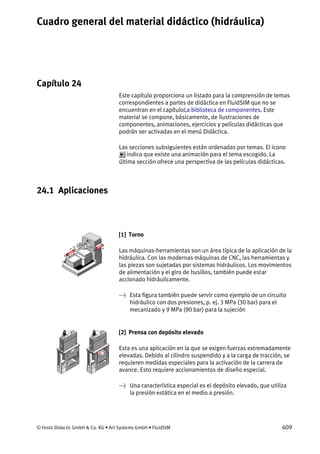Cuadro general del material didáctico (hidráulica)
© Festo Didactic GmbH & Co. KG • Art Systems GmbH • FluidSIM 609
Capítulo 24
24. Cuadro general del material didáctico (hidráulica)
Este capítulo proporciona un listado para la comprensión de temas
correspondientes a partes de didáctica en FluidSIM que no se
encuentran en el capítuloLa biblioteca de componentes. Este
material se compone, básicamente, de ilustraciones de
componentes, animaciones, ejercicios y películas didácticas que
podrán ser activadas en el menú Didáctica.
Las secciones subsiguientes están ordenadas por temas. El icono
indica que existe una animación para el tema escogido. La
última sección ofrece una perspectiva de las películas didácticas.
24.1 Aplicaciones
[1] Torno
Las máquinas-herramientas son un área típica de la aplicación de la
hidráulica. Con las modernas máquinas de CNC, las herramientas y
las piezas son sujetadas por sistemas hidráulicos. Los movimientos
de alimentación y el giro de husillos, también puede estar
accionado hidráulicamente.
→ Esta figura también puede servir como ejemplo de un circuito
hidráulico con dos presiones, p. ej. 3 MPa (30 bar) para el
mecanizado y 9 MPa (90 bar) para la sujeción
[2] Prensa con depósito elevado
Esta es una aplicación en la que se exigen fuerzas extremadamente
elevadas. Debido al cilindro suspendido y a la carga de tracción, se
requieren medidas especiales para la activación de la carrera de
avance. Esto requiere accionamientos de diseño especial.
→ Una característica especial es el depósito elevado, que utiliza
la presión estática en el medio a presión.
 