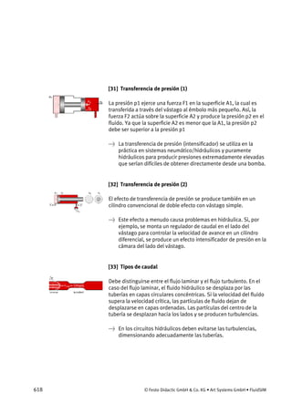 618 © Festo Didactic GmbH & Co. KG • Art Systems GmbH • FluidSIM
[31] Transferencia de presión (1)
La presión p1 ejerce una fuerza F1 en la superficie A1, la cual es
transferida a través del vástago al émbolo más pequeño. Así, la
fuerza F2 actúa sobre la superficie A2 y produce la presión p2 en el
fluido. Ya que la superficie A2 es menor que la A1, la presión p2
debe ser superior a la presión p1
→ La transferencia de presión (intensificador) se utiliza en la
práctica en sistemas neumático/hidráulicos y puramente
hidráulicos para producir presiones extremadamente elevadas
que serían difíciles de obtener directamente desde una bomba.
[32] Transferencia de presión (2)
El efecto de transferencia de presión se produce también en un
cilindro convencional de doble efecto con vástago simple.
→ Este efecto a menudo causa problemas en hidráulica. Si, por
ejemplo, se monta un regulador de caudal en el lado del
vástago para controlar la velocidad de avance en un cilindro
diferencial, se produce un efecto intensificador de presión en la
cámara del lado del vástago.
[33] Tipos de caudal
Debe distinguirse entre el flujo laminar y el flujo turbulento. En el
caso del flujo laminar, el fluido hidráulico se desplaza por las
tuberías en capas circulares concéntricas. Si la velocidad del fluido
supera la velocidad crítica, las partículas de fluido dejan de
desplazarse en capas ordenadas. Las partículas del centro de la
tubería se desplazan hacia los lados y se producen turbulencias.
→ En los circuitos hidráulicos deben evitarse las turbulencias,
dimensionando adecuadamente las tuberías.
 