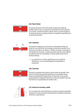 © Festo Didactic GmbH & Co. KG • Art Systems GmbH • FluidSIM 619
[34] Efecto Diesel
En puntos de fuerte restricción pueden producirse caídas de
presión hasta el vacío, causando la precipitación del aire disuelto
en el aceite. Cuando la presión sube de nuevo, el aceite estalla en
las burbujas de gas y puede producirse una ignición espontánea de
la mezcla aceite/aire.
[35] Cavitación
Se requiere energía para incrementar la velocidad del flujo del
aceite en una restricción. Esta energía se toma de la presión. Si el
vacío que se produce es inferior a -30 kPa (-0,3 bar), se precipita el
aire disuelto en el aceite. Cuando la presión sube de nuevo debido
a la disminución de la velocidad, el aceite estalla dentro de las
burbujas de gas.
→ La cavitación es un factor significativo en los sistemas
hidráulicos, y es causa del desgaste de dispositivos y
conexiones
[36] Cavitación
Durante la cavitación de producen picos locales de presión. Esto
causa la erosión de pequeñas partículas en las paredes de las
piezas, inmediatamente después de la reducción de la sección,
produciéndose la fatiga del material y a menudo también fracturas.
Este efecto es acompañado de notable ruido.
[37] Potencia de entrada y salida
En una cadena de control hidráulico se producen diversas pérdidas
de potencia. Estas consisten esencialmente es pérdidas mecánicas,
eléctricas y volumétricas.
 
