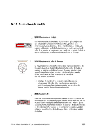 © Festo Didactic GmbH & Co. KG • Art Systems GmbH • FluidSIM 653
24.12 Dispositivos de medida
[160] Manómetro de émbolo
Los manómetros funcionan bajo el principio de que una presión
que actúa sobre una determinada superficie, produce una
determinada fuerza. En el caso de los manómetros de émbolo, la
presión actúa sobre un émbolo que se mueve contra un muelle. El
valor de la presión se muestra en una escala por el propio émbolo o
por un indicador accionado magnéticamente por el émbolo.
[161] Manómetro de tubo de Bourdon
La mayoría de manómetros funcionan bajo el principio del tubo de
Bourdon. Cuando el fluido hidráulico se halla dentro del tubo, la
presión se reparte por todo su interior. Debido a las diferentes
superficies de la curvatura interior y exterior, el tubo curvado
tiende a enderezarse. Este movimiento se transfiere
mecánicamente a una saeta.
→ Este tipo de manómetros no están protegidos contra
sobrecargas. Además, debe instalarse una restricción
amortiguadora en la entrada para evitar que los picos de
presión puedan dañar el tubo de Bourdon.
[162] Caudalímetro
El caudal del fluido a medir pasa a través de un orificio variable. El
orificio consiste en un cono fijo y un émbolo hueco montado con un
muelle. El émbolo es presionado contra el muelle a medida que el
caudal aumenta. El error de medición de este tipo de caudalímetros
es del orden del 4 %. Cuando se necesita mayor precisión, deben
utilizarse caudalímetros de turbina, de discos ovales o de ruedas
dentadas.
 