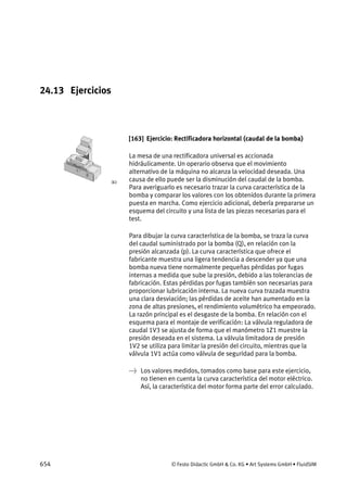 654 © Festo Didactic GmbH & Co. KG • Art Systems GmbH • FluidSIM
24.13 Ejercicios
[163] Ejercicio: Rectificadora horizontal (caudal de la bomba)
La mesa de una rectificadora universal es accionada
hidráulicamente. Un operario observa que el movimiento
alternativo de la máquina no alcanza la velocidad deseada. Una
causa de ello puede ser la disminución del caudal de la bomba.
Para averiguarlo es necesario trazar la curva característica de la
bomba y comparar los valores con los obtenidos durante la primera
puesta en marcha. Como ejercicio adicional, debería prepararse un
esquema del circuito y una lista de las piezas necesarias para el
test.
Para dibujar la curva característica de la bomba, se traza la curva
del caudal suministrado por la bomba (Q), en relación con la
presión alcanzada (p). La curva característica que ofrece el
fabricante muestra una ligera tendencia a descender ya que una
bomba nueva tiene normalmente pequeñas pérdidas por fugas
internas a medida que sube la presión, debido a las tolerancias de
fabricación. Estas pérdidas por fugas también son necesarias para
proporcionar lubricación interna. La nueva curva trazada muestra
una clara desviación; las pérdidas de aceite han aumentado en la
zona de altas presiones, el rendimiento volumétrico ha empeorado.
La razón principal es el desgaste de la bomba. En relación con el
esquema para el montaje de verificación: La válvula reguladora de
caudal 1V3 se ajusta de forma que el manómetro 1Z1 muestre la
presión deseada en el sistema. La válvula limitadora de presión
1V2 se utiliza para limitar la presión del circuito, mientras que la
válvula 1V1 actúa como válvula de seguridad para la bomba.
→ Los valores medidos, tomados como base para este ejercicio,
no tienen en cuenta la curva característica del motor eléctrico.
Así, la característica del motor forma parte del error calculado.
 