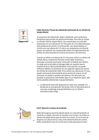 © Festo Didactic GmbH & Co. KG • Art Systems GmbH • FluidSIM 657
[166] Ejercicio: Prensa de embutición (activación de un cilindro de
simple efecto)
A una prensa de embutición, deben añadírsele unos extractores
hidráulicos para extraer las piezas terminadas. Para ello se instala
un cilindro (1A) de simple efecto. Va a examinarse una solución
propuesta con una válvula de 2/2 vías para ver si es adecuada para
este problema de control. A continuación, va a desarrollarse un
circuito con una válvula de 3/2 vías y va a prepararse una lista de
piezas. Se realizará una comparación sobre el comportamiento de
ambos circuitos durante las carreras de avance y de retroceso.
Cuando se utiliza una válvula de 2/2 vías para activar un cilindro de
simple efecto, el elemento final de control debe invertirse y
descargar la presión para hacer retroceder el émbolo del cilindro.
La carga que actúa sobre el vástago debe ser superior que la
resistencia de la válvula distribuidora. Esta solución no puede
utilizarse debido a la presencia de una segunda cadena de control
(el cilindro de embutición (2A)). Si se utiliza una válvula de 3/2 vías
puede conmutarse directamente de la carrera de avance a la de
retroceso sin perder la presión del sistema. Por otro lado, las
paradas en posiciones intermedias (que no se requieren aquí), sólo
serían posibles deteniendo el grupo hidráulico.
→ La válvula de retención dispuesta en cada caso, protege a la
bomba de la contrapresión del aceite. Esto es necesario para el
caso que se detenga el grupo hidráulico con el cilindro
avanzado y bajo carga.
[167] Ejercicio: Cuchara de fundición
Debe descargarse aluminio líquido desde un crisol de fundición al
canal de un molde. Para ello se necesita una cuchara. Se utiliza un
cilindro de doble efecto para accionar la cuchara. En el circuito se
dispone una válvula de 4/2 vías como elemento final de control.
Debe comprobarse que el circuito sea el adecuado para la tarea
 
