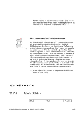 © Festo Didactic GmbH & Co. KG • Art Systems GmbH • FluidSIM 663
bomba. Si se desea calcular fuerzas y velocidades del émbolo
utilizando valores concretos, pueden utilizarse para este fin los
valores modelo dados en el Libro de Texto TP 501.
[173] Ejercicio: Taladradora (regulador de presión)
En una taladradora, el avance de la broca y el sistema de sujeción
de la pieza, están accionados hidráulicamente. El sistema
hidráulico posee dos cilindros: un cilindro de sujeción A y uno de
avance B. La presión de sujeción del cilindro A debe ser regulable,
ya que se requieren diferentes fuerzas de sujeción. Para ello se
utiliza un regulador de presión. La carrera de retroceso del cilindro
de sujeción debe realizarse a la máxima velocidad. El avance de la
broca debe ser ajustable para diferentes velocidades, las cuales,
sin embargo, deben permanecer constantes ante variaciones de
carga. Debe también observarse que el husillo arrastrado por el
vástago del cilindro de avance, actúa también como una fuerza de
tracción. La carrera de retroceso del cilindro de taladrado también
debe realizarse a la máxima velocidad. Debe dibujarse el esquema
del circuito con las características mencionadas anteriormente.
→ Puede especificarse una lista de componentes para ayudar al
dibujo de este circuito.
24.14 Película didáctica
24.14.1 Película didáctica
Nr. Título Duración
 