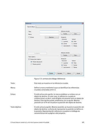 © Festo Didactic GmbH & Co. KG • Art Systems GmbH • FluidSIM 69
Figura 7/3: ventana de diálogo Referencia
Este texto se muestra en la referencia cruzada.
Define la marca mediante la que se identifican las referencias
cruzadas conectadas entre sí.
Si está activa esta opción, la marca establece un enlace con un
objeto de destino. En este caso, la referencia cruzada es
unidireccional, es decir, está dirigida únicamente hacia el objeto de
destino. Esta opción puede combinarse con la opción Mostrar
posición con el fin de visualizar la posición del objeto de destino.
Si está activa la opción Mostrar posición, se muestra la posición del
objeto de destino. La forma de representar la posición se define en
la pestaña Representación referencia cruzada en el diálogo de
características de la página o del proyecto.
Texto
Marca
Enlace
Texto objetivo
 