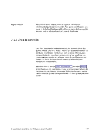 © Festo Didactic GmbH & Co. KG • Art Systems GmbH • FluidSIM 77
Recurriendo a una lista se puede escoger un símbolo que
identificará al punto de interrupción. Para que la identificación sea
clara, el símbolo utilizado para identificar un punto de interrupción
siempre incluye adicionalmente el cruce de dos líneas.
7.4.2 Línea de conexión
Una línea de conexión está determinada por la definición de dos
puntos finales. Una línea de esta índole, que puede representar un
conducto neumático o hidráulico, o bien un cable eléctrico, está
compuesta de dos conexiones unidas entre sí por una línea. Las
dos conexiones pueden ser, a la vez, punto de partida para otras
líneas. Las líneas de conexión únicamente pueden dibujarse
horizontal o verticalmente.
Seleccionando la opción Línea de conexión... del menú Añadir ,
o bien haciendo clic en el botón que se encuentra en la barra de
herramientas, se abre una ventana de diálogo en la que es posible
definir diversos ajustes correspondientes a la línea que se pretende
trazar.
Representación
 