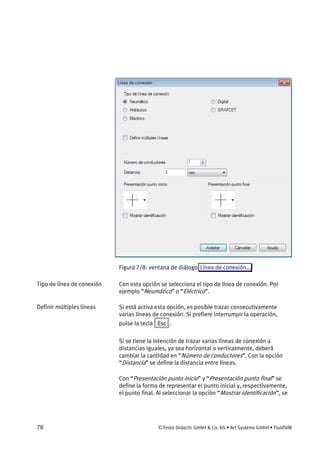 78 © Festo Didactic GmbH & Co. KG • Art Systems GmbH • FluidSIM
Figura 7/8: ventana de diálogo Línea de conexión...
Con esta opción se selecciona el tipo de línea de conexión. Por
ejemplo “Neumático” o “Eléctrico”.
Si está activa esta opción, es posible trazar consecutivamente
varias líneas de conexión. Si prefiere interrumpir la operación,
pulse la tecla Esc .
Si se tiene la intención de trazar varias líneas de conexión a
distancias iguales, ya sea horizontal o verticalmente, deberá
cambiar la cantidad en “Número de conductores”. Con la opción
“Distancia” se define la distancia entre líneas.
Con “Presentación punto inicio” y “Presentación punto final” se
define la forma de representar el punto inicial y, respectivamente,
el punto final. Al seleccionar la opción “Mostrar identificación”, se
Tipo de línea de conexión
Definir múltiples líneas
 