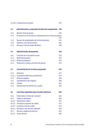8 © Festo Didactic GmbH & Co. KG • Art Systems GmbH • FluidSIM
12.10.2 Componente principal 237
13. Administración y evaluación de listas de componentes 239
13.1 Mostrar lista de piezas 240
13.2 Encontrar en el circuito los componentes de la lista de piezas
241
13.3 Ajustar las propiedades de la lista de piezas 243
13.4 Exportar una lista de piezas 246
13.5 Introducir lista de tubos flexibles 248
14. Administración de proyectos 252
14.1 Creación de un proyecto nuevo 252
14.2 Nodo del proyecto 253
14.2.1 Archivar proyectos 253
14.3 Nodos de circuitos y de listas de piezas 254
15. Características de circuitos y proyectos 256
15.1 Atributos 257
15.1.1 Comodines definidos previamente 259
15.2 Divisores página 260
15.3 Unidad básica de longitud 260
15.4 Cifrado 261
15.5 Representación referencia cruzada 263
16. Funciones especiales para circuitos eléctricos 264
16.1 Potenciales y líneas de conexión 264
16.2 Cables y cableados 266
16.2.1 Administrar cables 272
16.2.2 Introducir esquema de cables 273
16.2.3 Introducir lista de cables 275
16.2.4 Introducir una lista de cableado 278
16.3 Bornes y regletas de bornes 281
16.3.1 Incluir bornes 281
 