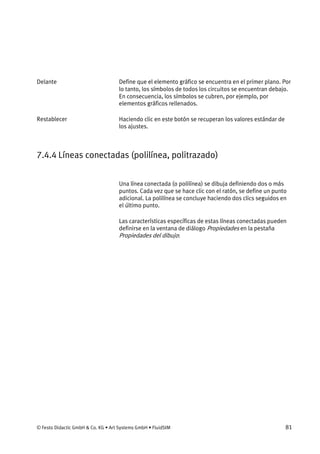 © Festo Didactic GmbH & Co. KG • Art Systems GmbH • FluidSIM 81
Define que el elemento gráfico se encuentra en el primer plano. Por
lo tanto, los símbolos de todos los circuitos se encuentran debajo.
En consecuencia, los símbolos se cubren, por ejemplo, por
elementos gráficos rellenados.
Haciendo clic en este botón se recuperan los valores estándar de
los ajustes.
7.4.4 Líneas conectadas (polilínea, politrazado)
Una línea conectada (o polilínea) se dibuja definiendo dos o más
puntos. Cada vez que se hace clic con el ratón, se define un punto
adicional. La polilínea se concluye haciendo dos clics seguidos en
el último punto.
Las características específicas de estas líneas conectadas pueden
definirse en la ventana de diálogo Propiedades en la pestaña
Propiedades del dibujo:
Delante
Restablecer
 