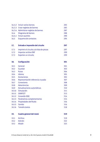 © Festo Didactic GmbH & Co. KG • Art Systems GmbH • FluidSIM 9
16.3.2 Incluir varios bornes 283
16.3.3 Crear regletas de bornes 285
16.3.4 Administrar regletas de bornes 287
16.4 Diagrama de bornes 288
16.4.1 Incluir puentes 290
16.5 Esquema de contactos 294
17. Entrada e impresión del circuito 297
17.1 Imprimir el circuito y la lista de piezas 297
17.2 Importar archivo DXF 299
17.3 Exportar un circuito 299
18. Configuración 301
18.1 General 301
18.2 Guardar 303
18.3 Rutas 304
18.4 Idioma 305
18.5 Acotaciones 305
18.6 Representación referencia cruzada 307
18.7 Conexiones 308
18.8 Advertencias 309
18.9 Actualizaciones automáticas 310
18.10 Simulación 311
18.11 GRAFCET 313
18.12 Conexión DDE 314
18.13 Parámetros complementarios 315
18.14 Propiedades del fluido 316
18.15 Sonido 316
18.16 Tamaño textos 318
19. Cuadro general del menú 319
19.1 Archivo 319
19.2 Edición 322
19.3 Añadir 325
 