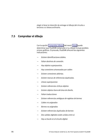 90 © Festo Didactic GmbH & Co. KG • Art Systems GmbH • FluidSIM
elegir si tiene la intención de entregar el dibujo del circuito a
terceros o si desea archivarlo.
7.5 Comprobar el dibujo
Con la opción Comprobar dibujo del menú Hoja puede
determinar que FluidSIM compruebe si su dibujo incluye posibles
errores gráficos. Si procede, FluidSIM ofrecerá las siguientes
indicaciones:
— Existen identificaciones dobles.
— Faltan destinos de conexión.
— Hay objetos superpuestos.
— Hay conexiones atravesadas por cables
— Existen conexiones abiertas.
— Existen marcas de referencias duplicadas.
— Líneas superpuestas
— Existen referencias cíclicas objetos
— Existen objetos fuera del área de diseño.
— Faltan traducciones
— Existen referencias ambiguas de regletas de bornes
— Cables no asignados
— Bornes no asignados
— Existen referencias duplicadas de bornes
— Dos salidas digitales están unidas entre sí.
— Hay un bucle en el circuito digital.
 