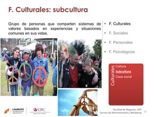 F. Culturales: subcultura 
27 
 F. Culturales 
 F. Sociales 
 F. Personales 
 F. Psicológicos 
Culturales 
Cultura 
Subcultura 
Clase social 
Facultad de Negocios, UPC 
Grupo de personas que comparten sistemas de 
valores basados en experiencias y situaciones 
comunes en sus vidas. 
Carrera de Administración y Marketing 
 