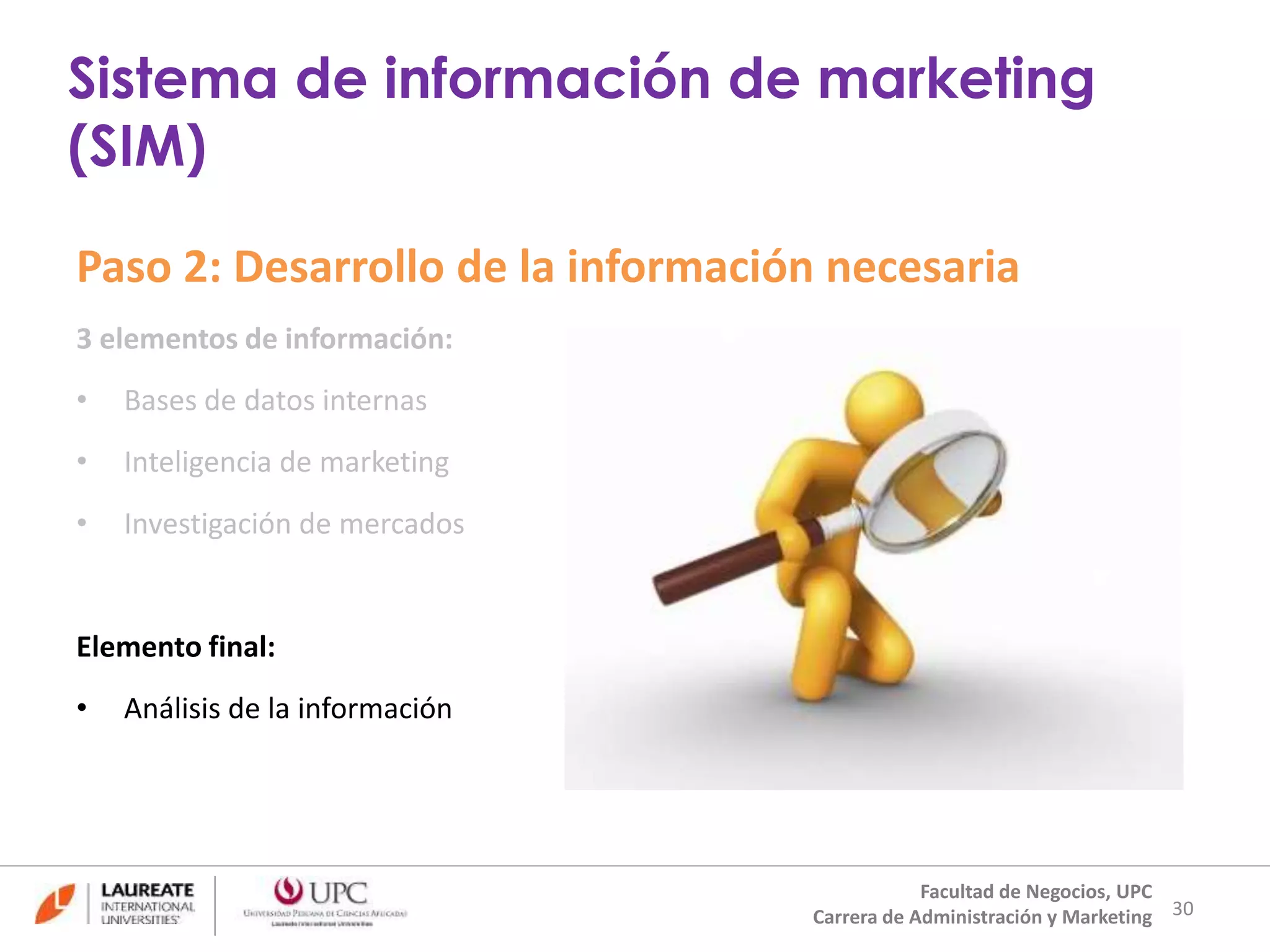 Paso 2: Desarrollo de la información necesaria 
3 elementos de información: 
• Bases de datos internas 
• Inteligencia de marketing 
• Investigación de mercados 
Elemento final: 
• Análisis de la información 
30 
Sistema de información de marketing 
(SIM) 
Facultad de Negocios, UPC 
Carrera de Administración y Marketing 
 