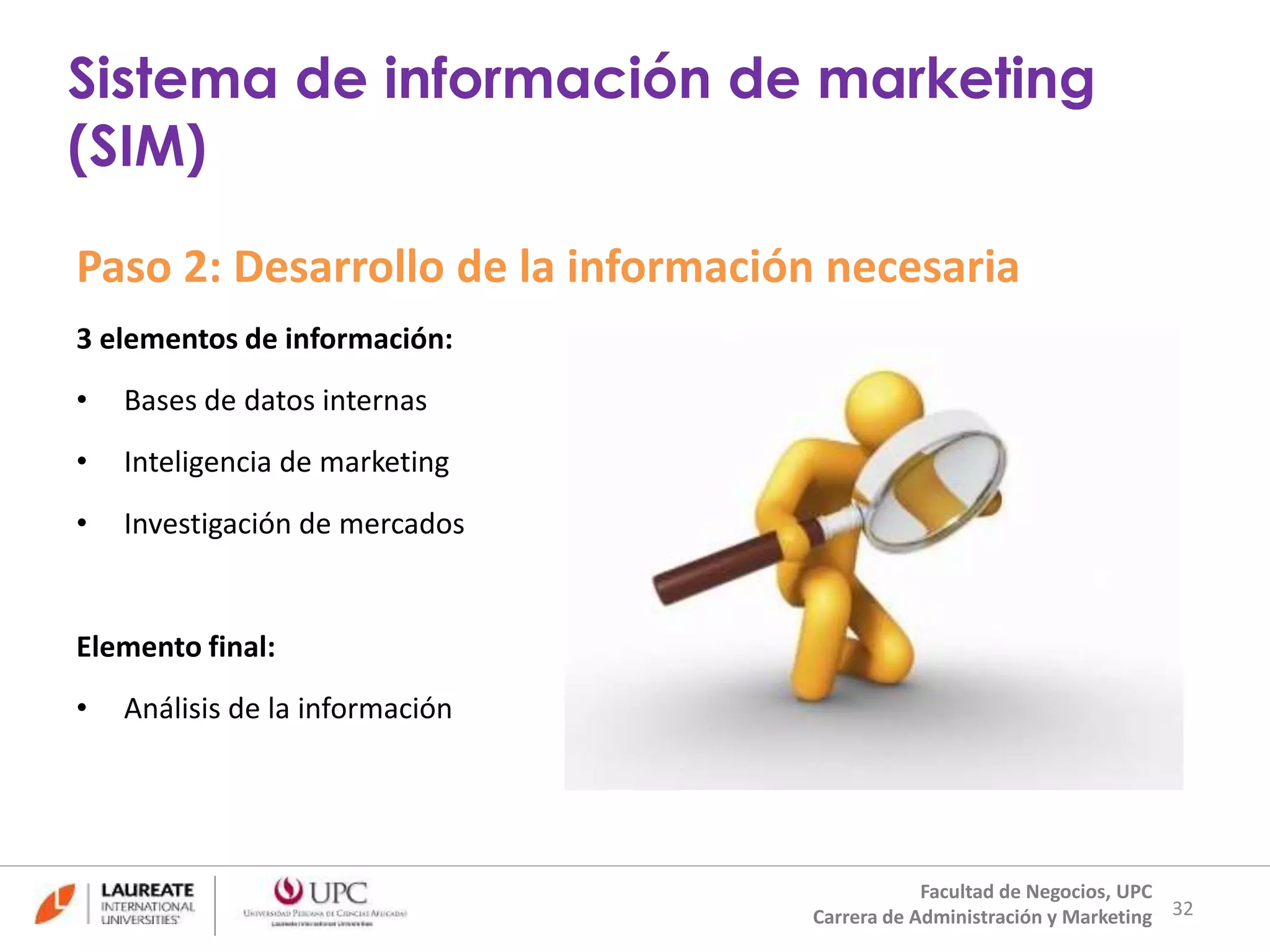 Paso 2: Desarrollo de la información necesaria 
3 elementos de información: 
• Bases de datos internas 
• Inteligencia de marketing 
• Investigación de mercados 
Elemento final: 
• Análisis de la información 
32 
Sistema de información de marketing 
(SIM) 
Facultad de Negocios, UPC 
Carrera de Administración y Marketing 
 