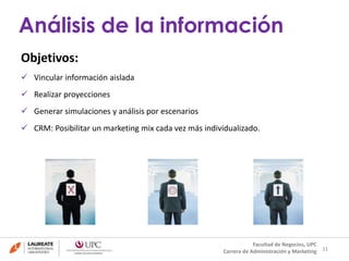 Objetivos: 
 Vincular información aislada 
 Realizar proyecciones 
 Generar simulaciones y análisis por escenarios 
 CRM: Posibilitar un marketing mix cada vez más individualizado. 
31 
Análisis de la información 
Facultad de Negocios, UPC 
Carrera de Administración y Marketing 
 