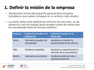 12
Facultad de Negocios, UPC
Carrera de Administración y Marketing
1. Definir la misión de la empresa
• Declaración formal del propósito general de la empresa
(establecer que quiere conseguir en un entorno más amplio)
• La misión debe estar definida en términos de mercado, no de
producto o de tecnología (estos pueden pasar de moda pero
las necesidades básicas siempre existirán).
Empresa Definición basada en el
PRODUCTO
Definición basada en el
MERCADO
Xerox Fabricamos equipos de
fotocopiado.
Ayudamos a mejorar la
productividad de las oficinas
Nike Vendemos zapatillas Ayudamos a experimentar la
emoción de la competencia.
Revlon Fabricamos cosméticos Vendemos estilo de vida y
expresión personal
 