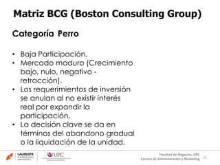 21
Facultad de Negocios, UPC
Carrera de Administración y Marketing
Matriz BCG (Boston Consulting Group)
Categoría Perro
• Baja Participación.
• Mercado maduro (Crecimiento
bajo, nulo, negativo -
retracción).
• Los requerimientos de inversión
se anulan al no existir interés
real por expandir la
participación.
• La decisión clave se da en
términos del abandono gradual
o la liquidación de la unidad.
 