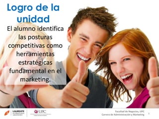 El alumno identifica
las posturas
competitivas como
herramientas
estratégicas
fundamental en el
marketing.
Logro de la
unidad
3
Facultad de Negocios, UPC
Carrera de Administración y Marketing
 