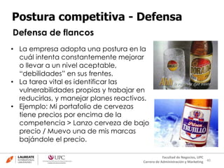40
Facultad de Negocios, UPC
Carrera de Administración y Marketing
Postura competitiva - Defensa
Defensa de flancos
• La empresa adopta una postura en la
cuál intenta constantemente mejorar
o llevar a un nivel aceptable,
“debilidades” en sus frentes.
• La tarea vital es identificar las
vulnerabilidades propias y trabajar en
reducirlas, y manejar planes reactivos.
• Ejemplo: Mi portafolio de cervezas
tiene precios por encima de la
competencia > Lanzo cerveza de bajo
precio / Muevo una de mis marcas
bajándole el precio.
 