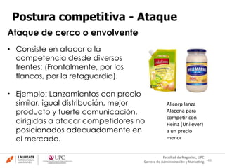 49
Facultad de Negocios, UPC
Carrera de Administración y Marketing
Postura competitiva - Ataque
• Consiste en atacar a la
competencia desde diversos
frentes: (Frontalmente, por los
flancos, por la retaguardia).
• Ejemplo: Lanzamientos con precio
similar, igual distribución, mejor
producto y fuerte comunicación,
dirigidas a atacar competidores no
posicionados adecuadamente en
el mercado.
Ataque de cerco o envolvente
Alicorp lanza
Alacena para
competir con
Heinz (Unilever)
a un precio
menor
 