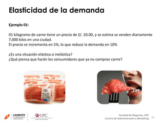 Elasticidad de la demanda 
22 
Facultad de Negocios, UPC 
Carrera de Administración y Marketing 
Ejemplo 01: 
01 kilogramo de carne tiene un precio de S/. 20.00, y se estima se venden diariamente 
7,000 kilos en una ciudad. 
El precio se incrementa en 5%, lo que reduce la demanda en 10% 
¿Es una situación elástica o inelástica? 
¿Qué piensa que harán los consumidores que ya no compran carne? 
 