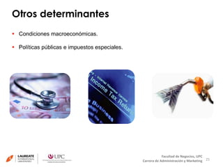 Otros determinantes 
25 
Facultad de Negocios, UPC 
Carrera de Administración y Marketing 
 Condiciones macroeconómicas. 
 Políticas públicas e impuestos especiales. 
 