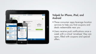 Valpak for iPhone, iPad, and
Android
• These consumer apps leverage location
  services to help you ﬁnd coupons and
  deals redeemable near you
• Users receive push notiﬁcations once a
  week with a virtual ‘envelope’ they can
  open, ﬁlled with coupons and special
  offers.
 
