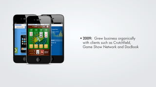 • 2009: Grew business organically
  with clients such as Crutchﬁeld,
  Game Show Network and DocBook
 