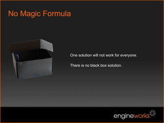 No Magic FormulaOne solution will not work for everyone.There is no black box solution.