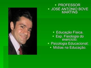 PROFESSOR  JOSÉ ANTONIO BOVE MARTINS Educação Física. Esp. Fisiologia do exercício; Psicologia Educacional; Mídias na Educação. 