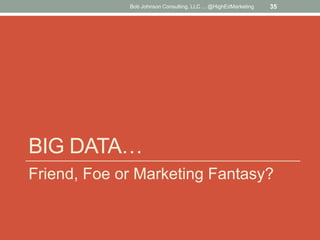 Bob Johnson Consulting, LLC ... @HighEdMarketing

35

BIG DATA…
Friend, Foe or Marketing Fantasy?

 