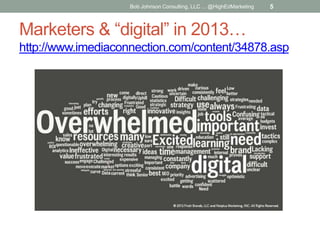 Bob Johnson Consulting, LLC ... @HighEdMarketing

5

Marketers & “digital” in 2013…
http://www.imediaconnection.com/conten...