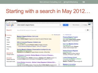 Bob Johnson Consulting, LLC ... @HighEdMarketing

84

Starting with a search in May 2012…

 