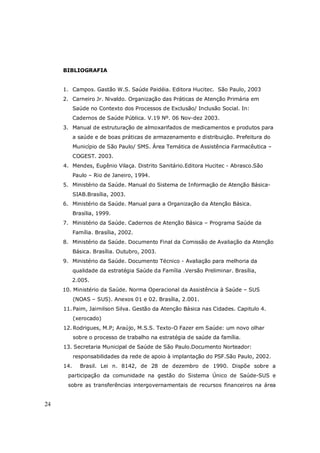 24
BIBLIOGRAFIA
1. Campos. Gastão W.S. Saúde Paidéia. Editora Hucitec. São Paulo, 2003
2. Carneiro Jr. Nivaldo. Organização das Práticas de Atenção Primária em
Saúde no Contexto dos Processos de Exclusão/ Inclusão Social. In:
Cadernos de Saúde Pública. V.19 Nº. 06 Nov-dez 2003.
3. Manual de estruturação de almoxarifados de medicamentos e produtos para
a saúde e de boas práticas de armazenamento e distribuição. Prefeitura do
Município de São Paulo/ SMS. Área Temática de Assistência Farmacêutica –
COGEST. 2003.
4. Mendes, Eugênio Vilaça. Distrito Sanitário.Editora Hucitec - Abrasco.São
Paulo – Rio de Janeiro, 1994.
5. Ministério da Saúde. Manual do Sistema de Informação de Atenção Básica-
SIAB.Brasília, 2003.
6. Ministério da Saúde. Manual para a Organização da Atenção Básica.
Brasília, 1999.
7. Ministério da Saúde. Cadernos de Atenção Básica – Programa Saúde da
Família. Brasília, 2002.
8. Ministério da Saúde. Documento Final da Comissão de Avaliação da Atenção
Básica. Brasília. Outubro, 2003.
9. Ministério da Saúde. Documento Técnico - Avaliação para melhoria da
qualidade da estratégia Saúde da Família .Versão Preliminar. Brasília,
2.005.
10. Ministério da Saúde. Norma Operacional da Assistência à Saúde – SUS
(NOAS – SUS). Anexos 01 e 02. Brasília, 2.001.
11.Paim, Jairnilson Silva. Gestão da Atenção Básica nas Cidades. Capitulo 4.
(xerocado)
12.Rodrigues, M.P; Araújo, M.S.S. Texto-O Fazer em Saúde: um novo olhar
sobre o processo de trabalho na estratégia de saúde da família.
13. Secretaria Municipal de Saúde de São Paulo.Documento Norteador:
responsabilidades da rede de apoio à implantação do PSF.São Paulo, 2002.
14. Brasil. Lei n. 8142, de 28 de dezembro de 1990. Dispõe sobre a
participação da comunidade na gestão do Sistema Único de Saúde-SUS e
sobre as transferências intergovernamentais de recursos financeiros na área
 