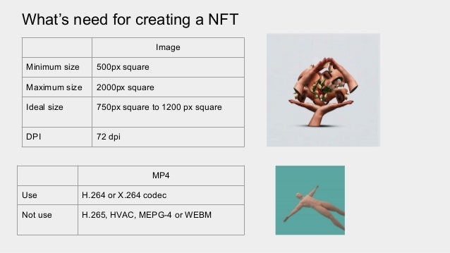 What’s need for creating a NFT
Image
Minimum size 500px square
Maximum size 2000px square
Ideal size 750px square to 1200 px square
DPI 72 dpi
MP4
Use H.264 or X.264 codec
Not use H.265, HVAC, MEPG-4 or WEBM
 
