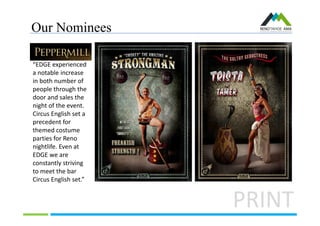 Our Nominees
PRINT
“EDGE experienced
a notable increase
in both number of
people through the
door and sales the
night of the event.
Circus English set a
precedent for
themed costume
parties for Reno
nightlife. Even at
EDGE we are
constantly striving
to meet the bar
Circus English set.”
 