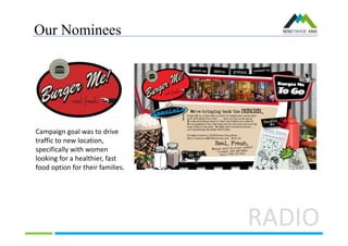 Our Nominees
Campaign goal was to drive
traffic to new location,
specifically with women
looking for a healthier, fast
food option for their families.
RADIO
 