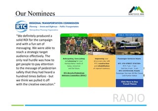 Our Nominees
RADIO
“We definitely produced a
solid ROI for the campaign
and with a fun set of
messaging. We were able to
reach a strategic target
audience effectively. The
only real hurdle was how to
get people to pay attention
to the message of pedestrian
safety that they had heard a
hundred times before - but
we think we pulled it off
with the creative execution.”
 