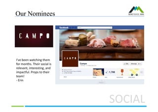 Our Nominees
I've been watching them
for months. Their social is
relevant, interesting, and
impactful. Props to their
team!
- Erin
SOCIAL
 