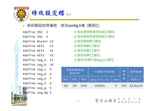 shapethefuture
電子工程系
應 用 電 子 組
電 腦 遊 戲 設 計 組
 參照題組IO埠編號，修改config.h檔 (題組C)
#define IN1 2 // 宣告連接馬達控制端1之腳位
#define IN2 3 // 宣告連接馬達控制端2之腳位
#define Buzzer 13 // 宣告蜂鳴器之腳位
#define KEY1 A3 // 宣告按鍵1之腳位
#define KEY2 A4 // 宣告按鍵2之腳位
#define KEY3 A5 // 宣告按鍵3之腳位
#define seg_a 11 // 宣告7段顯示器seg_a之腳位
#define seg_b 10
#define seg_c 9
#define seg_d 8
#define seg_e 7
#define seg_f 6
#define seg_g 5
#define seg_dp 4
修改設定檔 3/3
4
馬達驅動模組
HT6751
七段顯示器模組 蜂
鳴
器
矩陣按鍵
IN1 IN2 IN3 dp g f e d c b a com KEY1-3
D2 D3 GND D4:D11 3 D13 A3,A4,A5
 