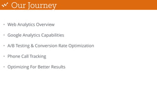 Our Journey
• Web Analytics Overview
• Google Analytics Capabilities
• A/B Testing & Conversion Rate Optimization
• Phone Call Tracking
• Optimizing For Better Results
 