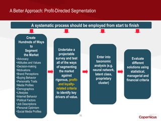 A Better Approach: Profit-Directed Segmentation

                A systematic process should be employed from start to finish

         Create
    Hundreds of Ways
           to
        Segment                Undertake a
       the Market               projectable
   • Advocacy                survey and test              Enter into        Evaluate
   • Attitudes and Values     all of the ways            taxonomic          different
   • Decision-making          of segmenting            analysis (e.g.   solutions using
   • Motivations                the market            neural network,      statistical,
   • Brand Perceptions                                  latent class,
                                  against                               managerial and
   • Buying Behavior                                     proprietary
   • Personality Traits      rigorous, profit-                          financial criteria
                               and loyalty-                cluster)
   • Media Profiles
   • Demographics             related criteria
   • Lifestyles               to identify key
   •Internet Behavior        drivers of value.
   • Political Factors
   • Job Descriptions
   • Personal Optimism
   • Social Media Profiles
                                                 16
 