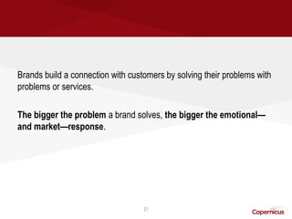 Brands build a connection with customers by solving their problems with
problems or services.

The bigger the problem a brand solves, the bigger the emotional—
and market—response.




                                   21
 