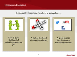 Happiness is Contagious


           Customers that express a high level of satisfaction….




    Have a lower             A higher likelihood          A great chance
    likelihood of           of repeat purchases           they’ll enhance
switching away from                                      marketing activities
          you




                                     9
 