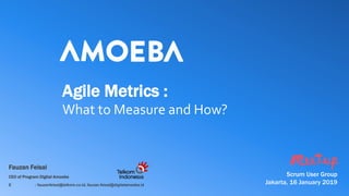 Agile Metrics :
What to Measure and How?
Scrum User Group
Jakarta, 16 January 2019
Fauzan Feisal
CEO of Program Digital Amoeba
E : fauzanfeisal@telkom.co.id, fauzan.feisal@digitalamoeba.id
 