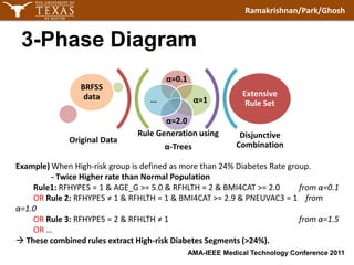3-Phase DiagramExample)When High-risk group is defined as more than 24% Diabetes Rate group.		- Twice Higher rate than Normal Population	Rule1:RFHYPE5 = 1 & AGE_G >= 5.0 & RFHLTH = 2 & BMI4CAT >= 2.0		from α=0.1	ORRule 2: RFHYPE5 ≠ 1 & RFHLTH = 1 & BMI4CAT >= 2.9 & PNEUVAC3 = 1    from α=1.0	ORRule 3: RFHYPE5 = 2 & RFHLTH ≠ 1from α=1.5	OR … These combined rules extract High-risk Diabetes Segments (>24%).
